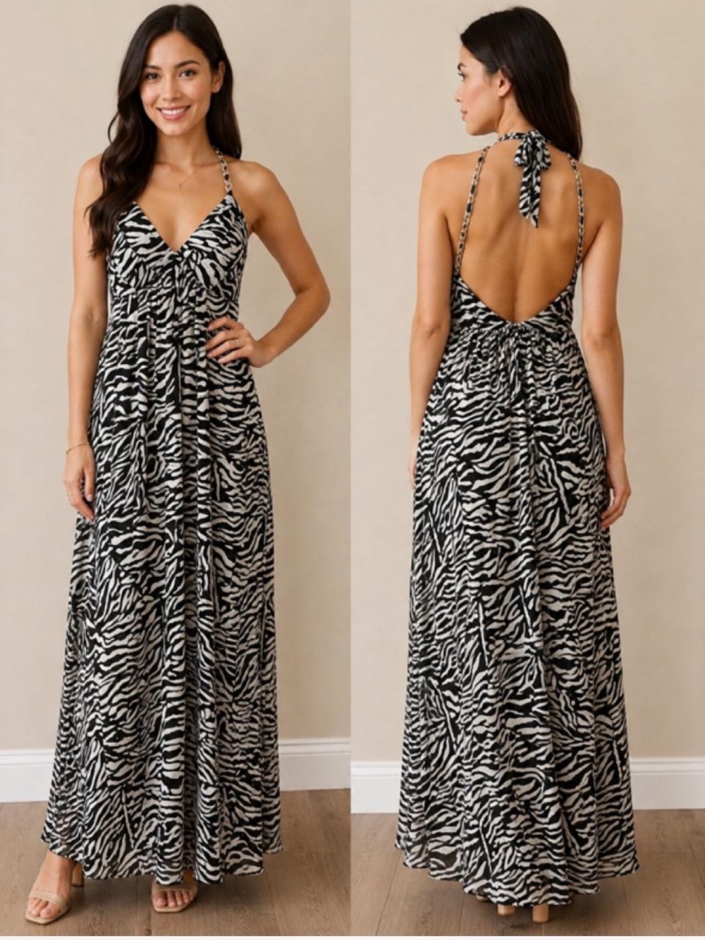 NWT INC International Concepts 100% Silk Wild Zebra Halter Maxi Dress Size 8